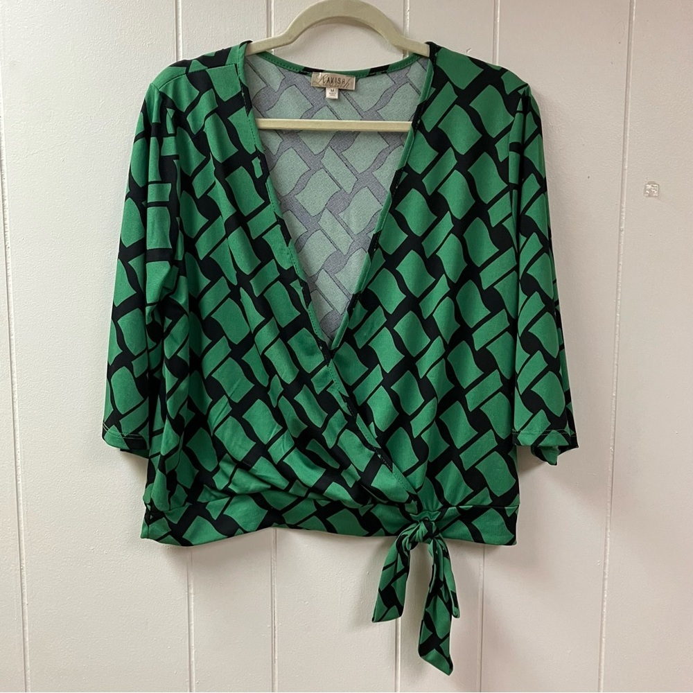 Vintage Y2K LAVISH Abstract Faux Wrap Blouse Womens Medium Black Green Stretch